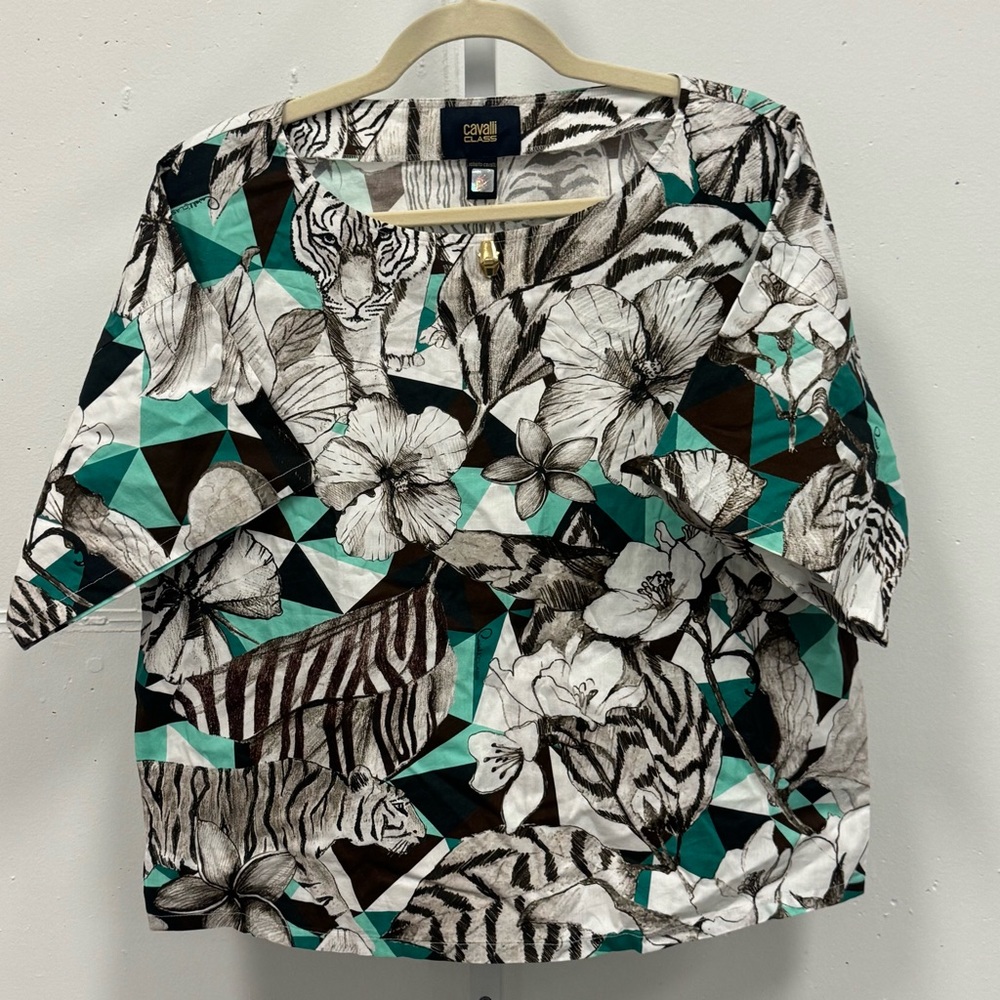 Cavalli Class‎ Animal Floral Print Boxy Relaxed Fit T-shirt Blouse Sz 6 Green